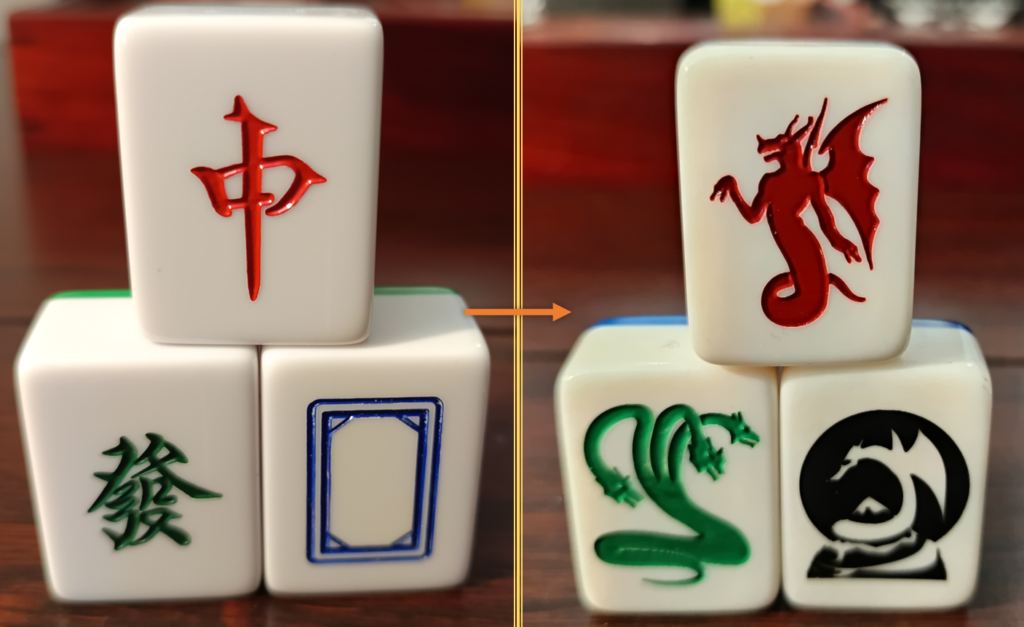 Tuiles_Dragons Exemple de traduction de tuiles de mahjong.